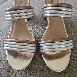 God, silver and bronze slide on block heels. Sz 9.5